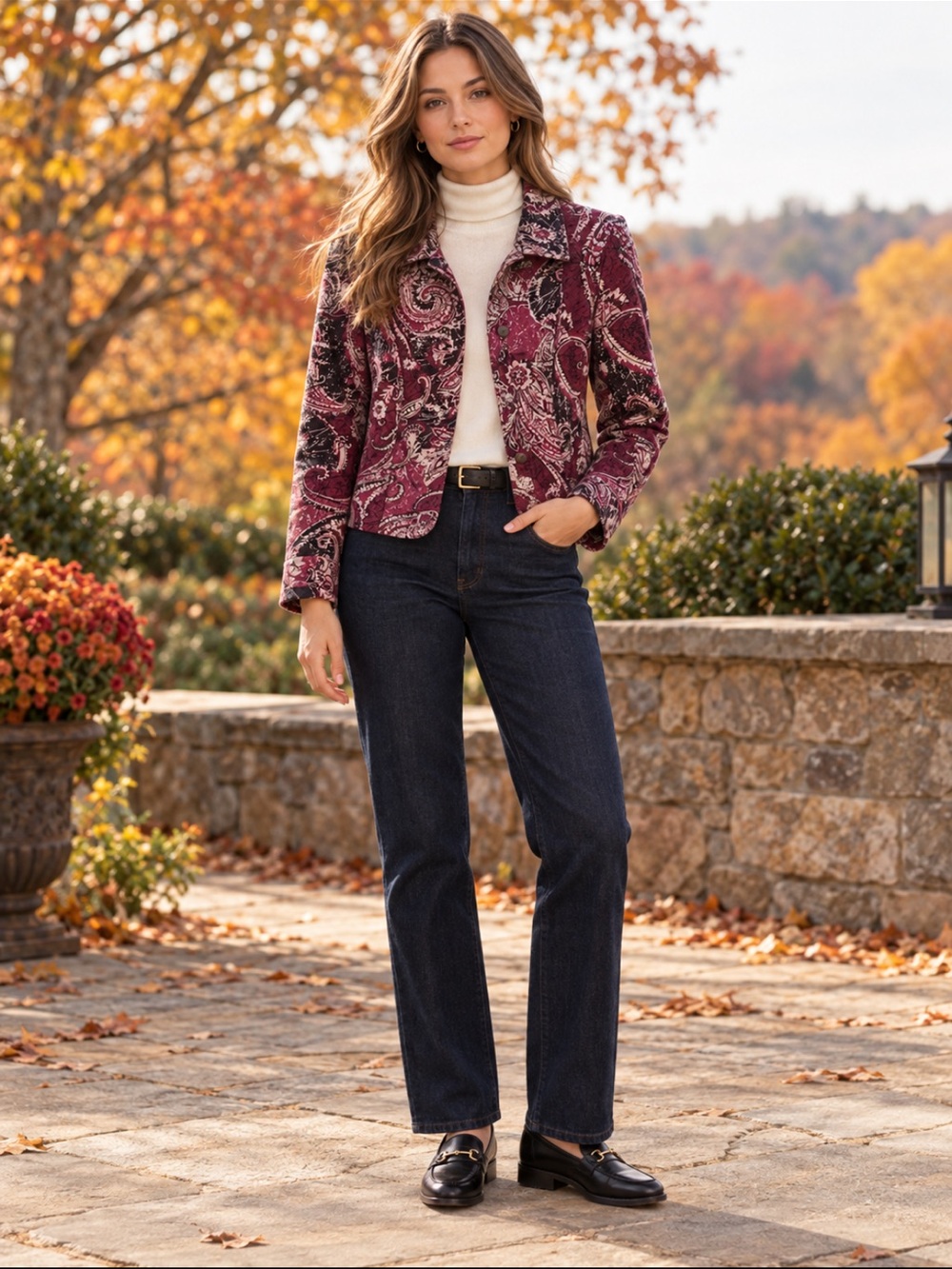 Christopher & Banks Size Small Burgandy Paisley Button Front Jacket Preppy Fall
